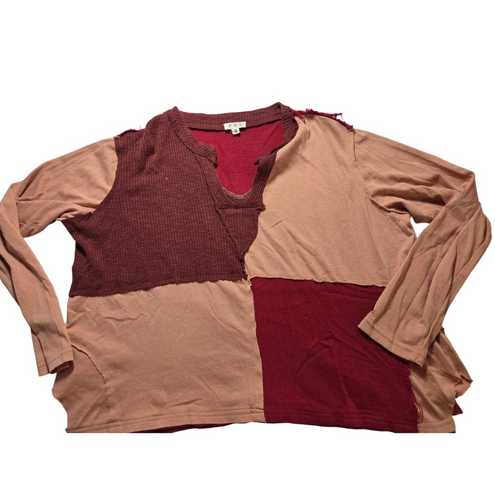 Pol Patchwork Long Sleeve Top Raw Hem Distressed … - image 2